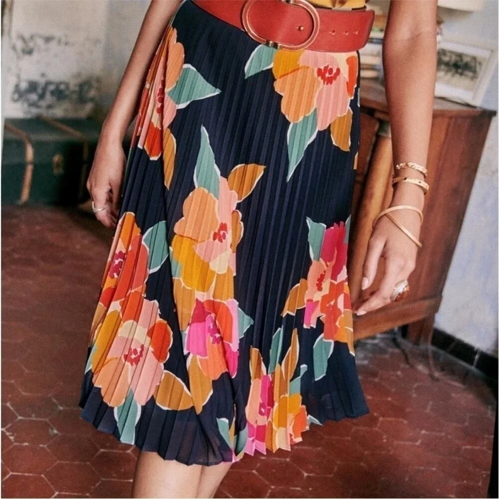 Sezane Floral Pleated Dino Skirt 34 US 2